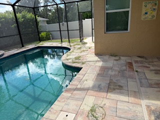 Patio pavers with weed growth before treatment — Sarasota FL