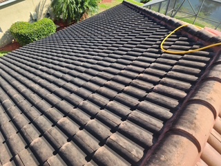 Tile roof heavily stained before soft wash — Sarasota FL